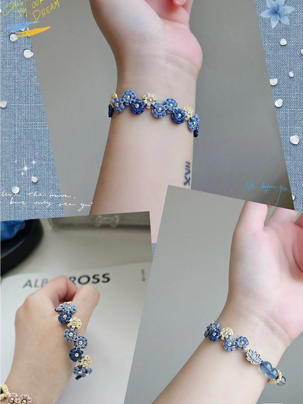 Handmade Blue Floral Bracelet with Silver Lotus Charm&Natural Aquamarine beads